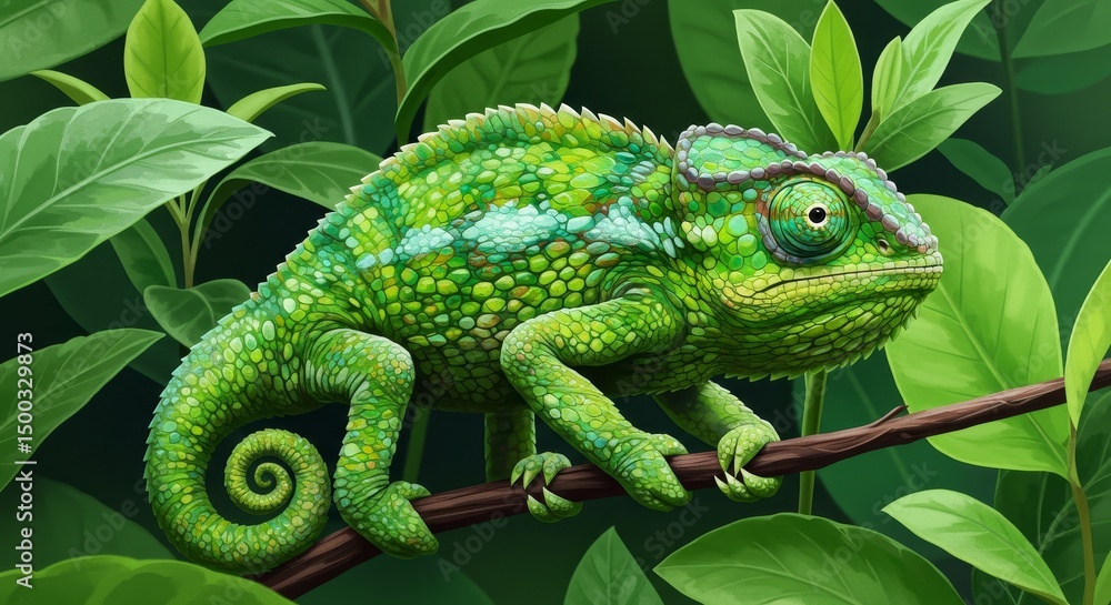 Fototapeta premium Photo Illustration of Green Chameleon on Branch with Leafy Background