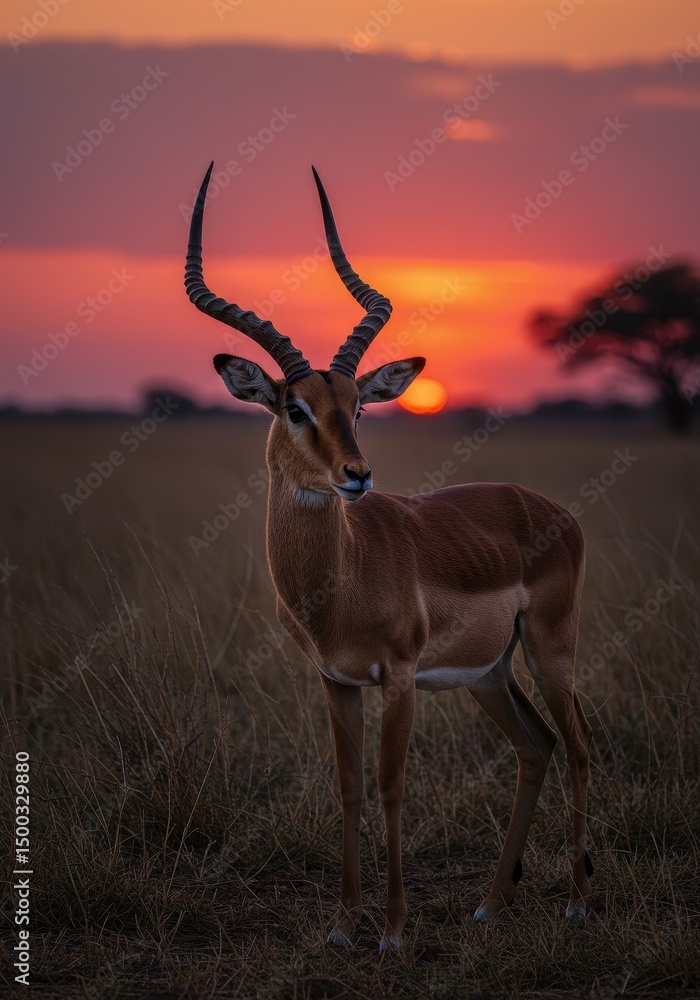 Fototapeta premium Photo Impala Silhouette At Sunset In African Savanna Wildlife Scene