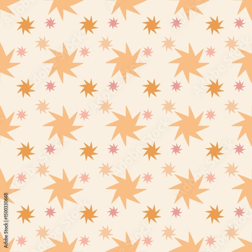 Radiating orange starburst icons arranged on a soft beige background. This repeating pattern blends retro flair with minimal warmth, ideal for paper goods and textiles.