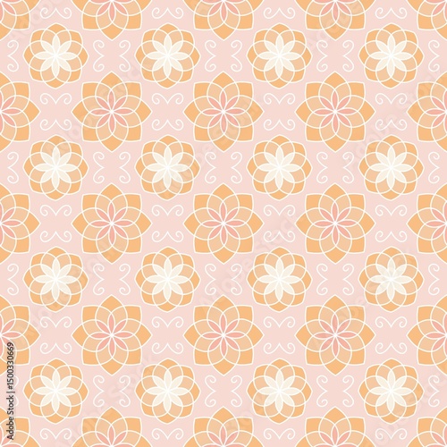 Delicate geometric floral motif in soft pastel tones, repeating seamlessly for a light and elegant background. Perfect for stationery, textiles, or feminine branding.