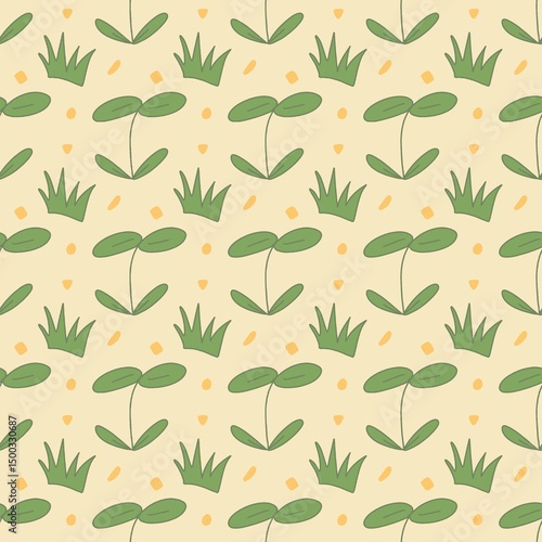 Seamless repeating leaf pattern featuring green botanical shapes on a soft beige background. A calm and natural design ideal for eco-friendly packaging or textile prints.