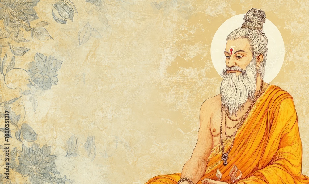 Naklejka premium Happy Guru Purnima Indian Festival honoring spiritual teacher. AI generated illustration.