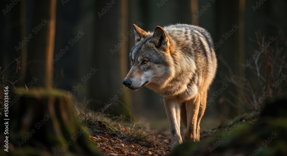 Fototapeta premium Photo Of a Gray Wolf in a Forest Environment with Sunlight and Blurred Background