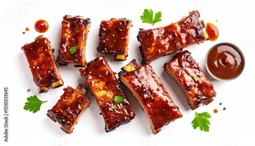 Fototapeta Naklejka Na Ścianę i Meble -  BBQ Ribs with Delicious Food, and Overhead Shot.