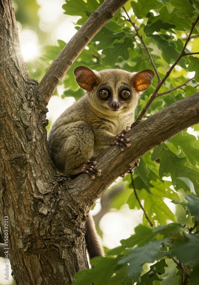 Fototapeta premium Photo Of A Lemur On A Tree Branch With Brown Fur Green Leaves And Daylight