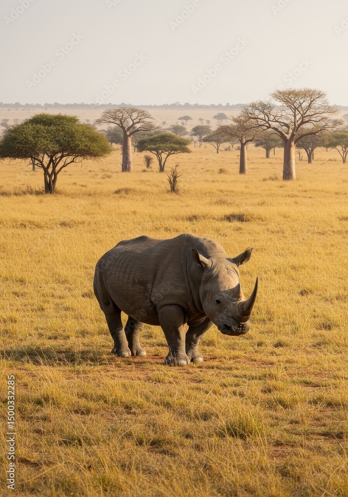 Naklejka premium Photo of a Majestic Rhino Standing in a Golden African Savanna Landscape