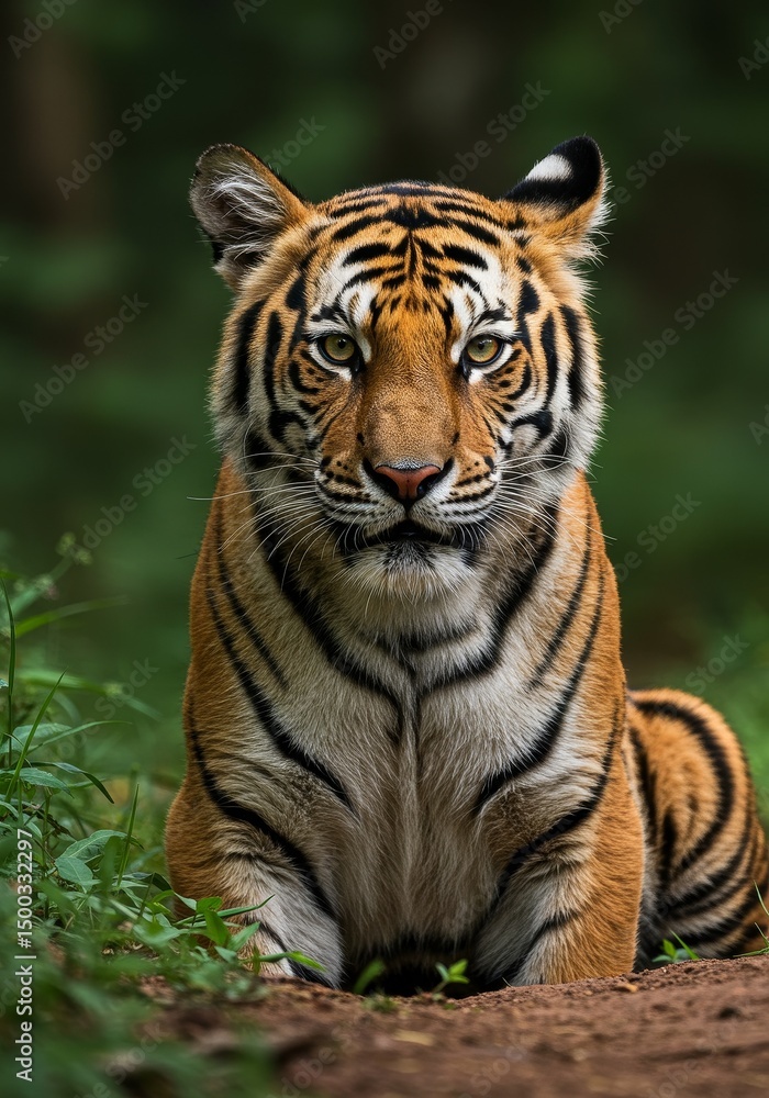 Fototapeta premium Photo of a Majestic Tiger Resting in a Green Forest Environment with Orange Fur