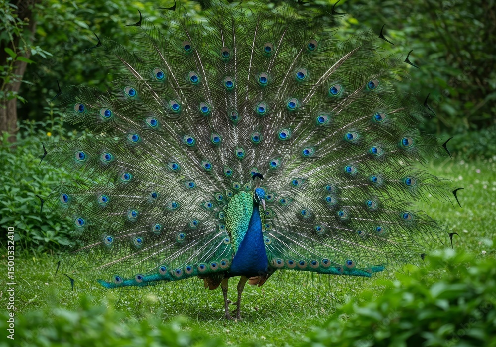 Obraz premium Photo of a Peacock Displaying Feathers with Green Background