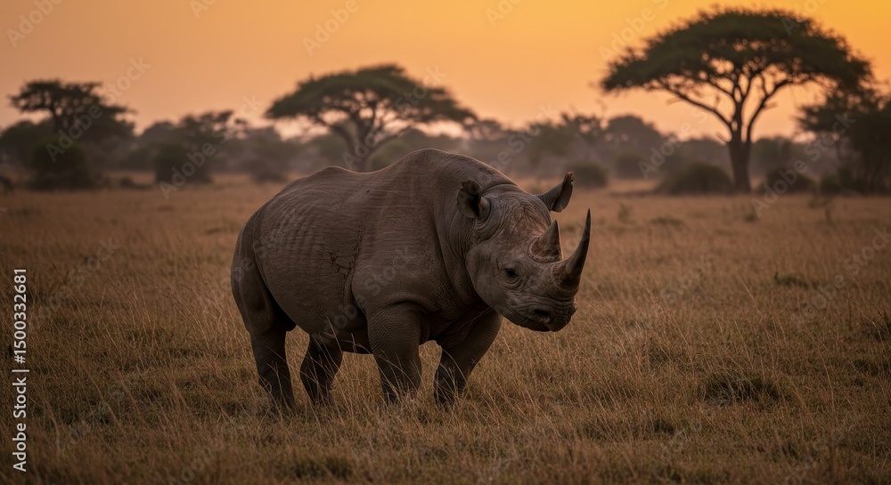 Obraz premium Photo of a Rhino Standing in African Savanna at Sunset with Golden Light