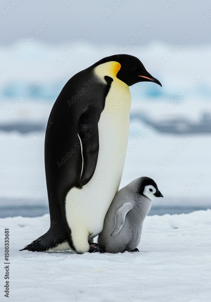 Obraz premium Photo of Adult Emperor Penguin with Chick on Ice in Antarctica
