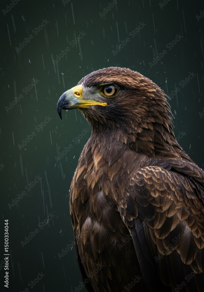 Obraz premium Photo Of An Eagle In The Rain Showing Its Brown Feathers Profile And Green Background