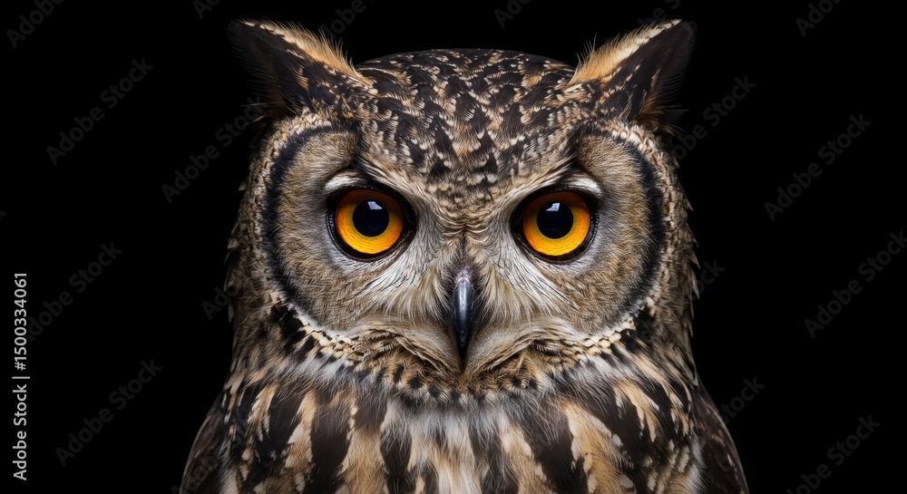 Fototapeta premium Photo Of An Owl's Intense Gaze With Bright Orange Eyes On Black Backdrop