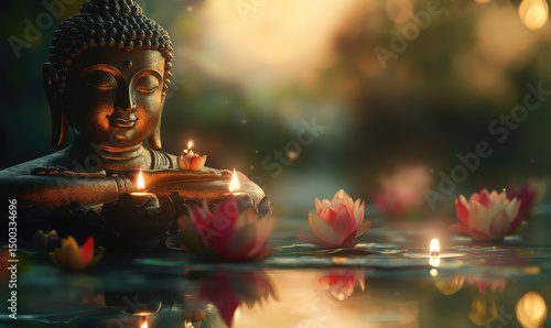 Vesak and Buddha Purnima celebration with glowing lanterns, serene spiritual atmosphere, Buddhist symbols and peaceful night scene. AI generated illustration.