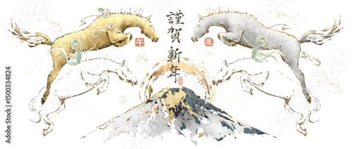 2026年　午年　[黄金の馬と白馬の年賀状]ベクター、イラスト