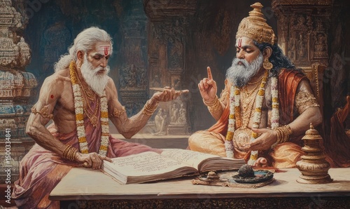 Sage Vyasa dictating the story for Lord Ganesha to write. AI generated illustration.