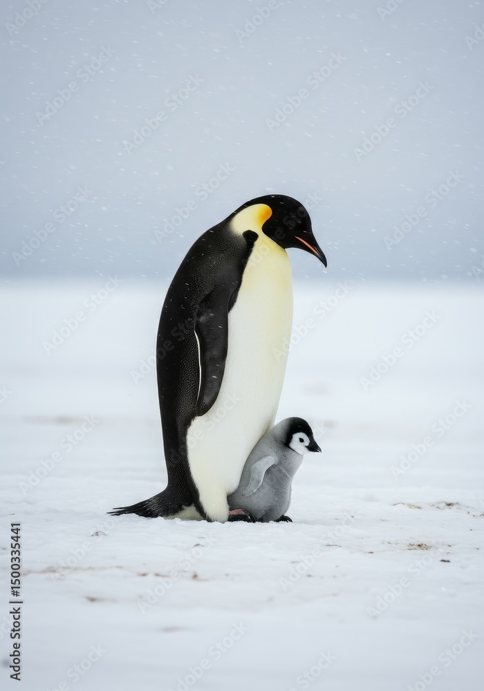Fototapeta premium Photo of Emperor Penguin And Chick On Snow In Antarctica