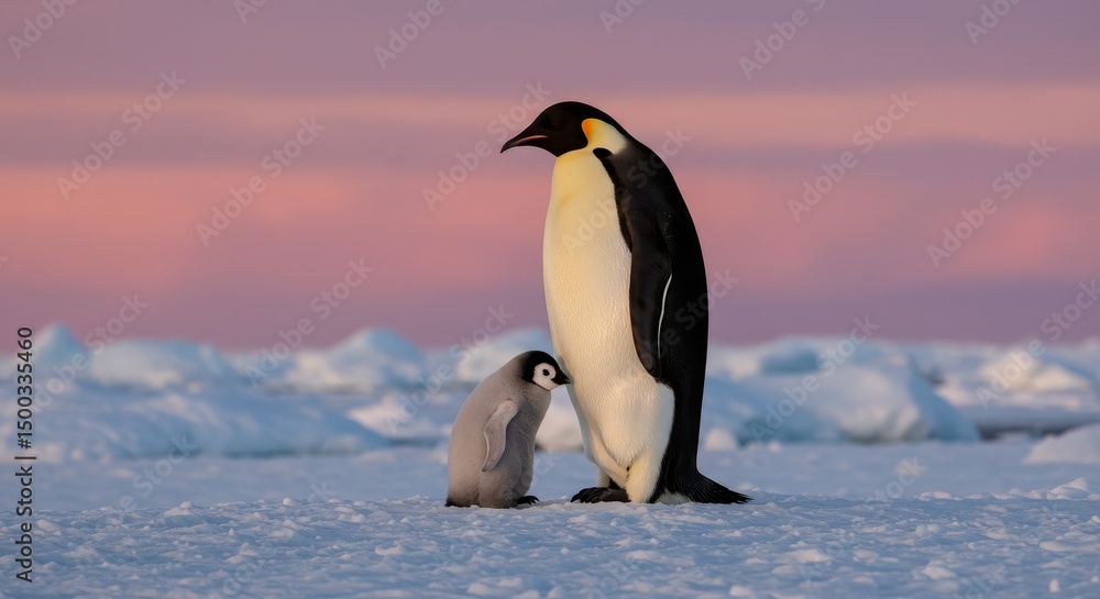 Obraz premium Photo Of Emperor Penguin And Chick Standing On The Ice With Pink Sunset Sky Background
