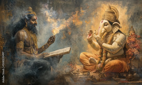 Sage Vyasa dictating the epic story to Lord Ganesha for writing manuscripts, traditional Indian mythology scene. AI generated illustration.