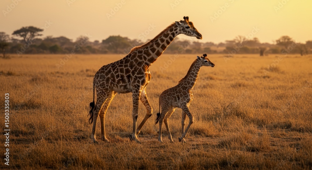 Obraz premium Photo of Giraffes Walking Across Savanna at Sunset in Golden Light