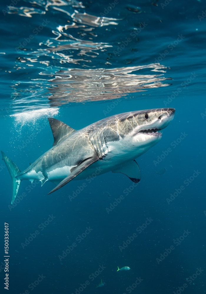 Fototapeta premium Photo of Great White Shark Swimming Underwater in Deep Blue Ocean