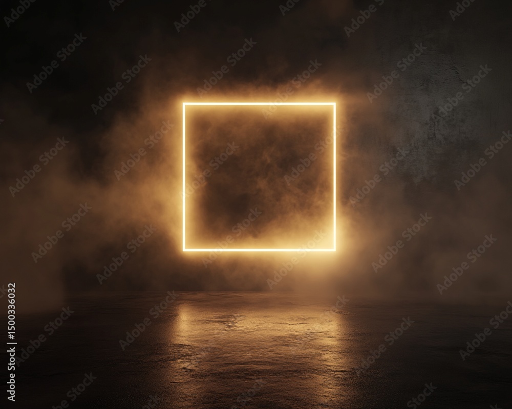 Neon Square Light Frame in Smoky Dark Room Neon Square Light Frame in Smoky Dark Room