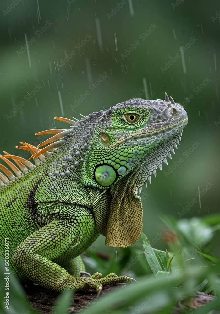 Obraz premium Photo of Green Iguana in the Rain with Detailed Scales in the Nature