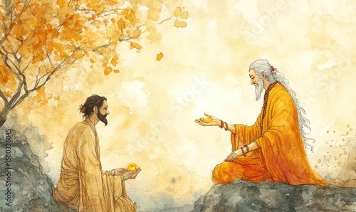 Watercolor guru blessing disciple for Guru Purnima celebration. AI generated illustration.