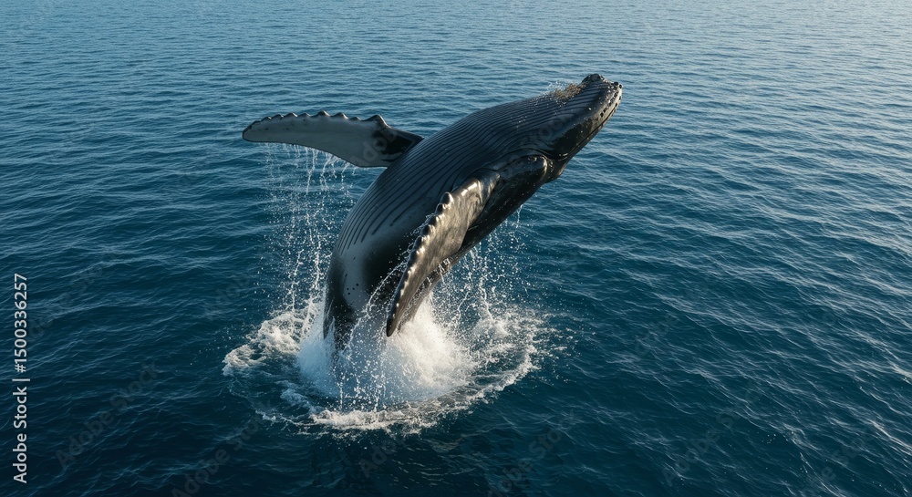 Naklejka premium Photo Of Humpback Whale Breaching Through The Blue Ocean Water With Splash