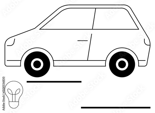 Outline of a compact car and light bulb representing ideas, creativity, innovation, mobility, transportation, sustainability, and minimalism. Ideal for design, future tech or a simple landing page