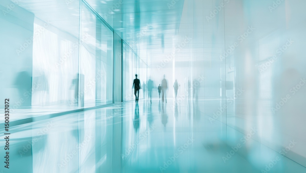 Modern office hallway, blurred figures Modern office hallway, blurred figures
