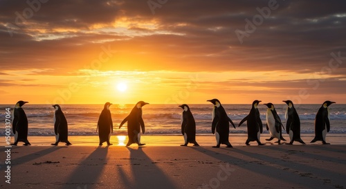 Photo of Penguins Walking on Beach Silhouette at Sunset with Golden Light