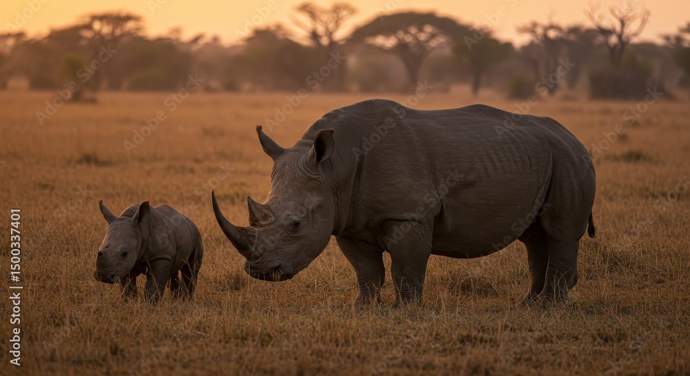 Fototapeta premium Photo of Rhinoceros Mother And Calf Standing On The Field In The Sunset