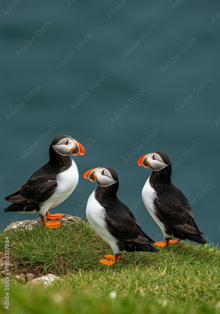Fototapeta premium Photo of Three Atlantic Puffins with Black White and Orange Feathers on Cliff