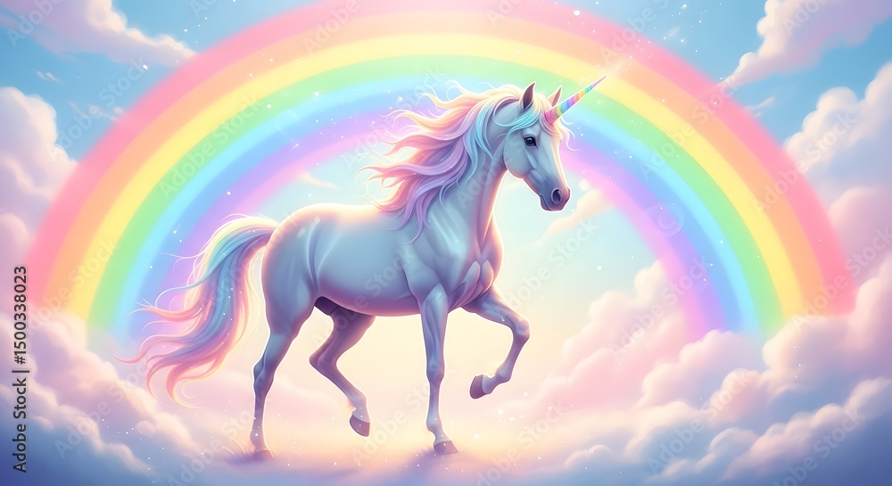 Fototapeta premium Majestic Unicorn in a Pastel Sky with Rainbow and Clouds Magical Fantasy Art, Mythical Creature.