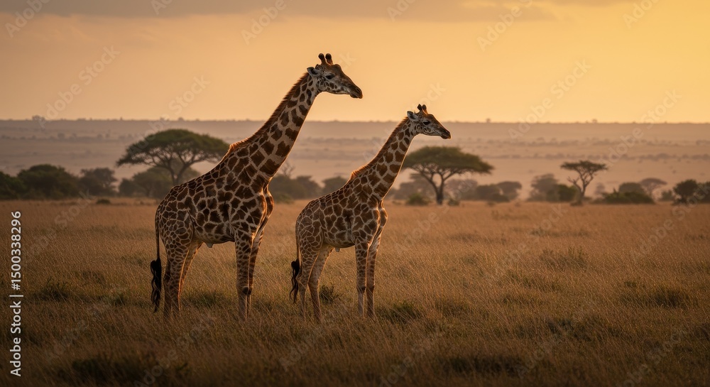 Obraz premium Photo of Two Giraffes Silhouetted Against a Golden Sunset in the African Savanna
