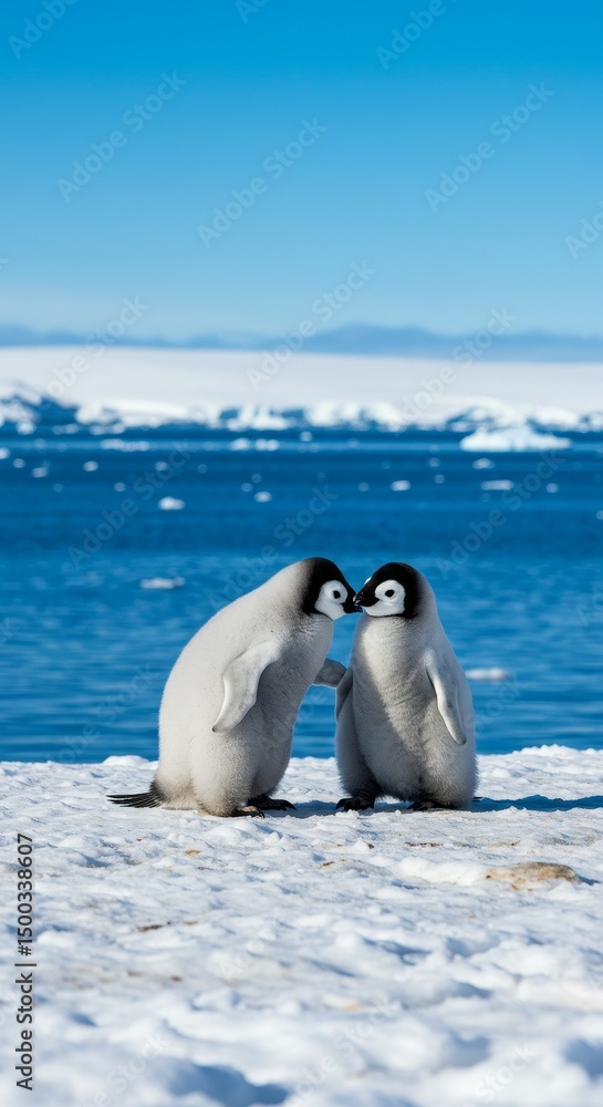 Fototapeta premium Photo of Two Young Penguins Kissing on Snowy Shoreline Against Blue Sea