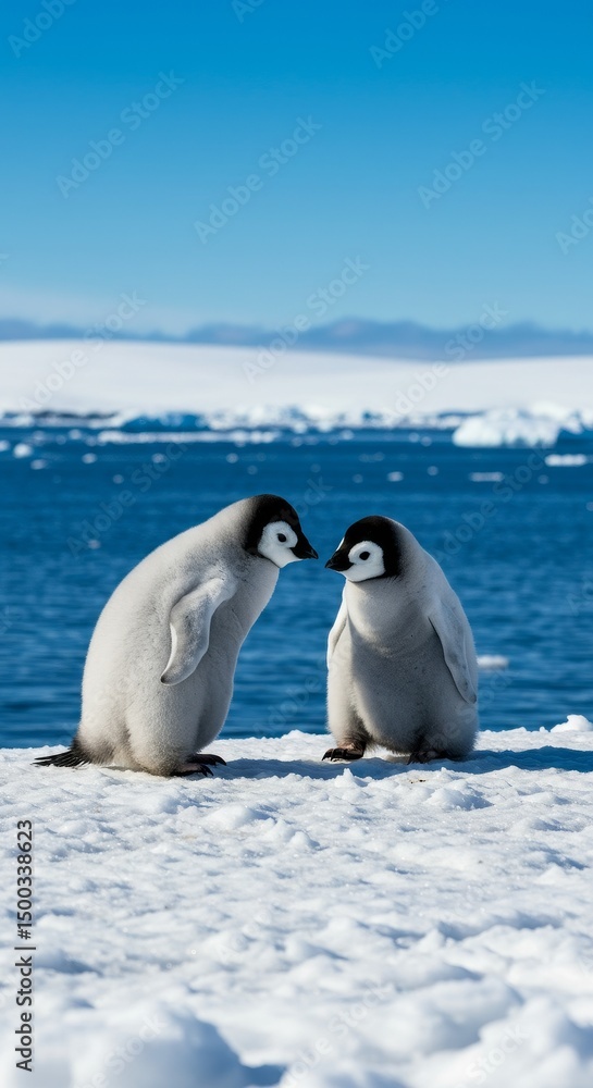 Fototapeta premium Photo Of Two Young Penguins On Snow In Antarctica With Blue Sky