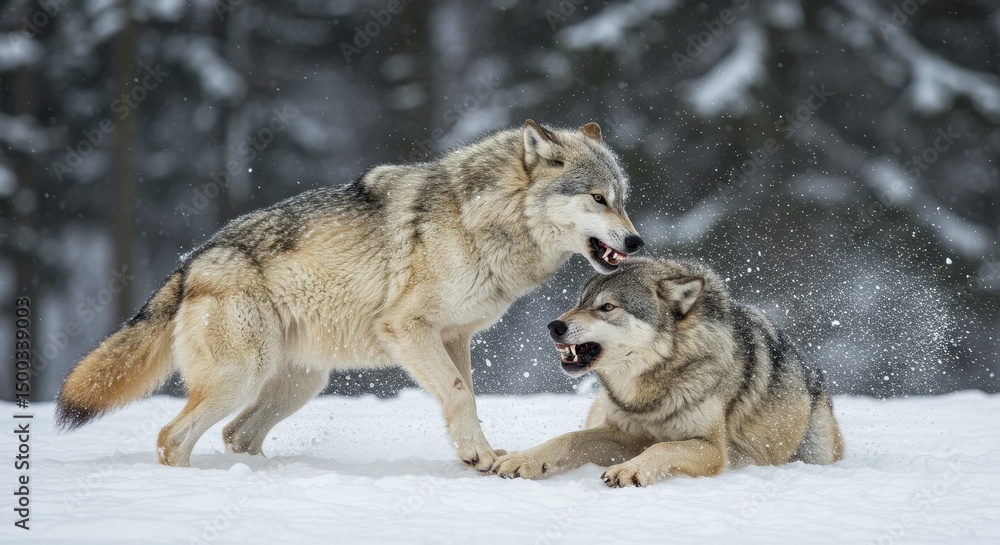 Obraz premium Photo of Wolves Interacting During Winter in a Snowy Forest Setting