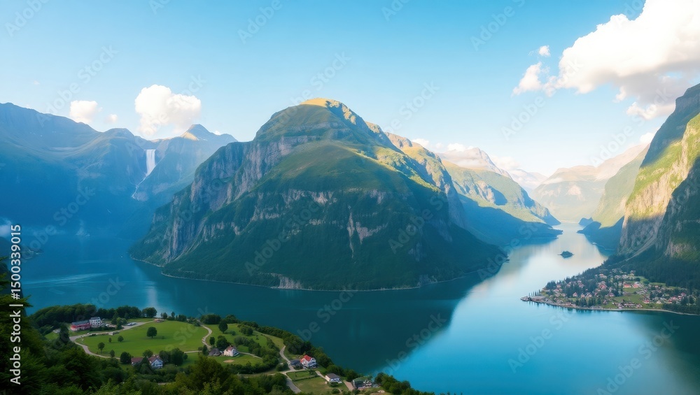 Obraz premium Scenic Aerial View of Fjord Surrounded by Majestic Mountains and Coastal Villages