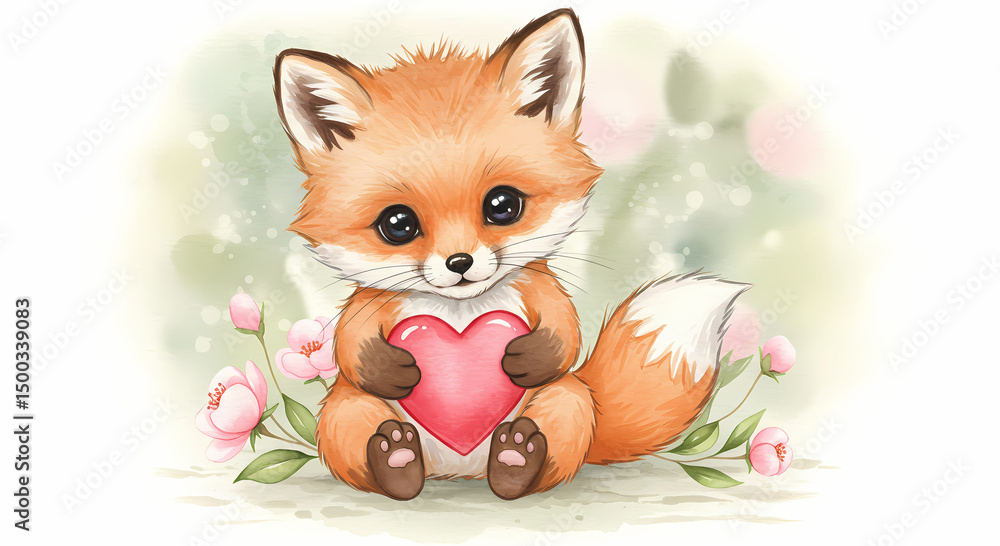 Fototapeta premium Cute fox holding a heart among spring blossoms