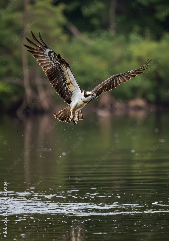 Obraz premium Photo Osprey in Flight Over Water Wings Extended in Daylight