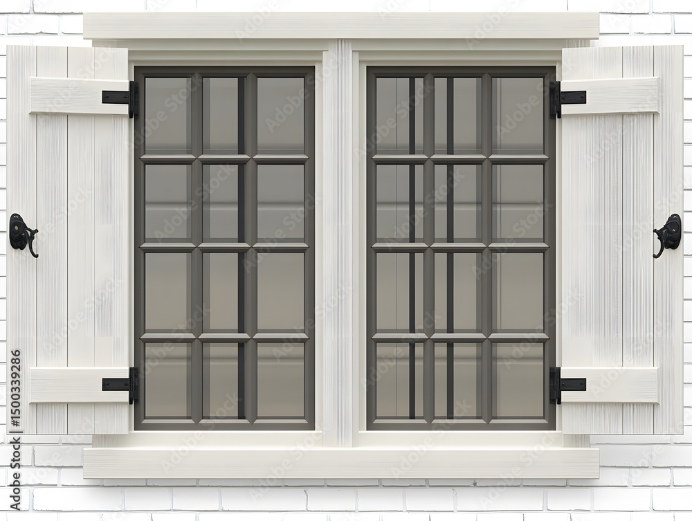 White Double Pane Window with Shutters and Black Hinges White Double Pane Window with Shutters and Black Hinges