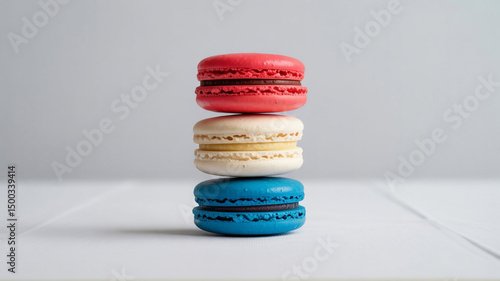 Stack of red, white, and blue macarons on white wooden surface