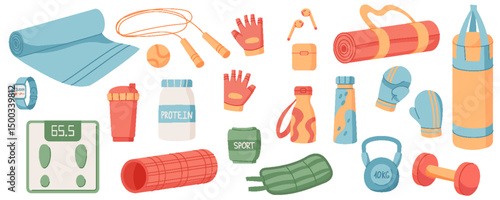 Flat sport equipment set background. Gym accessories including dumbbell, kettlebell, mat, and other training tools. Fitness and workout gear for healthy lifestyle exercise routines. Professional,