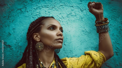 Confident Black Woman with Raised Fist Symbolizing Empowerment and Social Justice