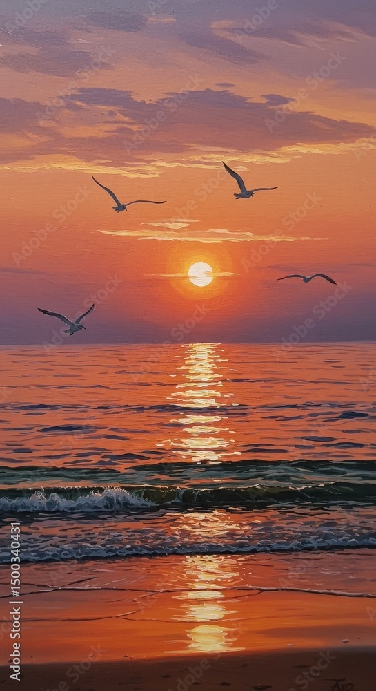 Naklejka premium Pixelated Sunset Scene Over Ocean With Birds Photo Illustration
