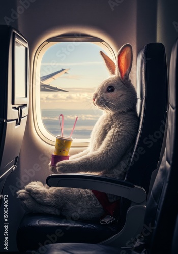Rabbit Toy On Airplane Window Looking Outside Enjoying Flight View Photo