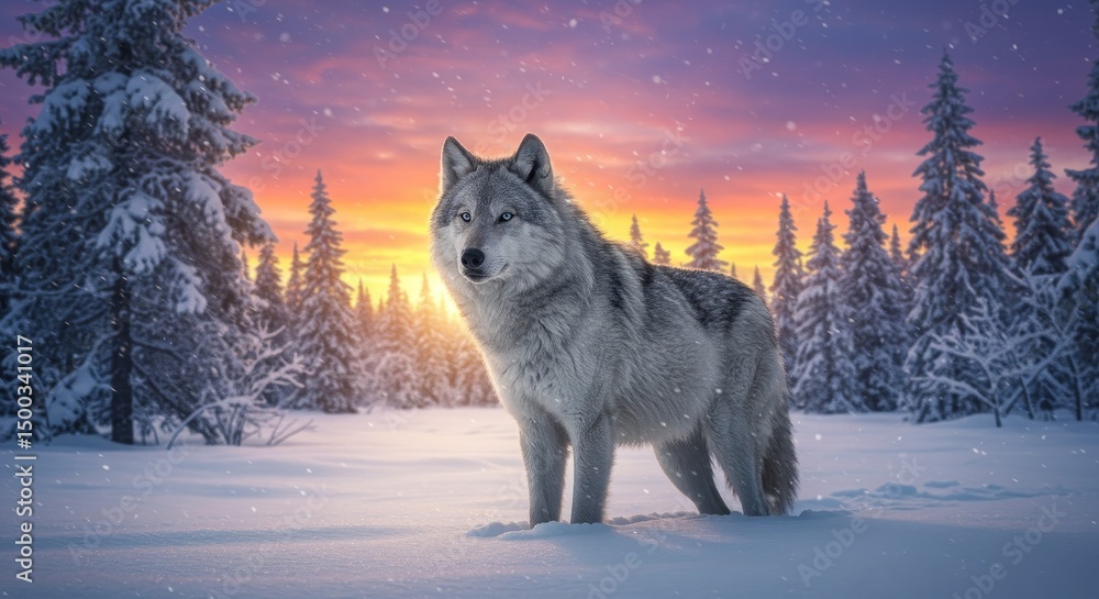 Obraz premium Realistic Photo of a Gray Wolf in a Snowy Forest at Sunset with Golden Light