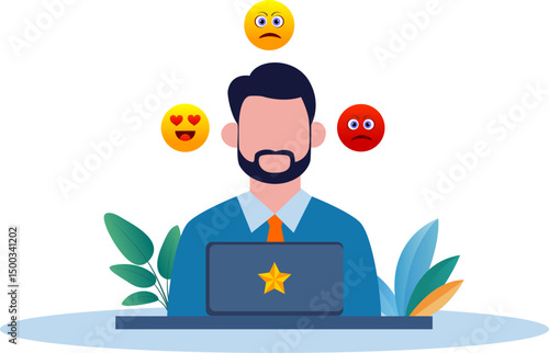 customer or employee with emoji emotion as user satisfaction. customer feedback review or client survey, employee emotion raking, angry