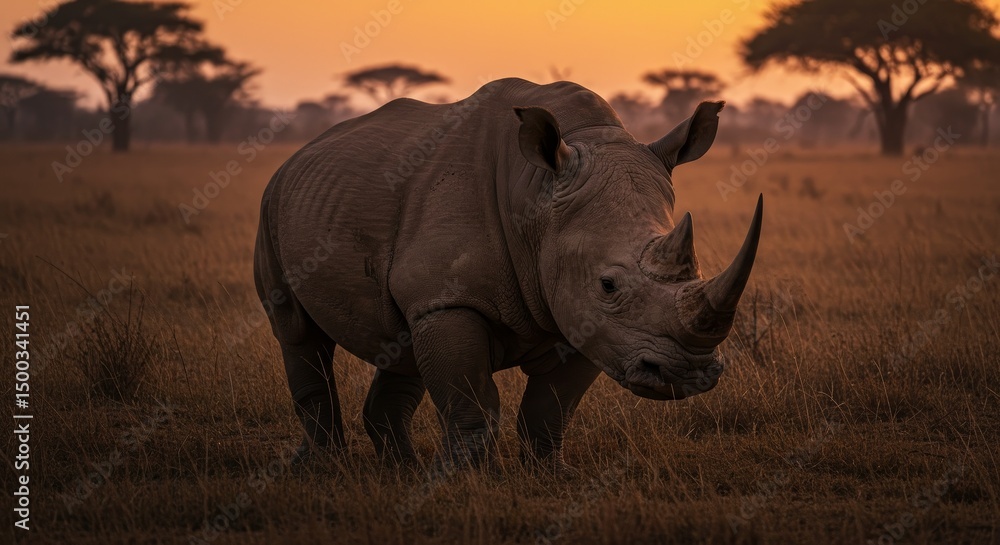 Fototapeta premium Realistic Photo of Rhino in African Savanna During Sunset